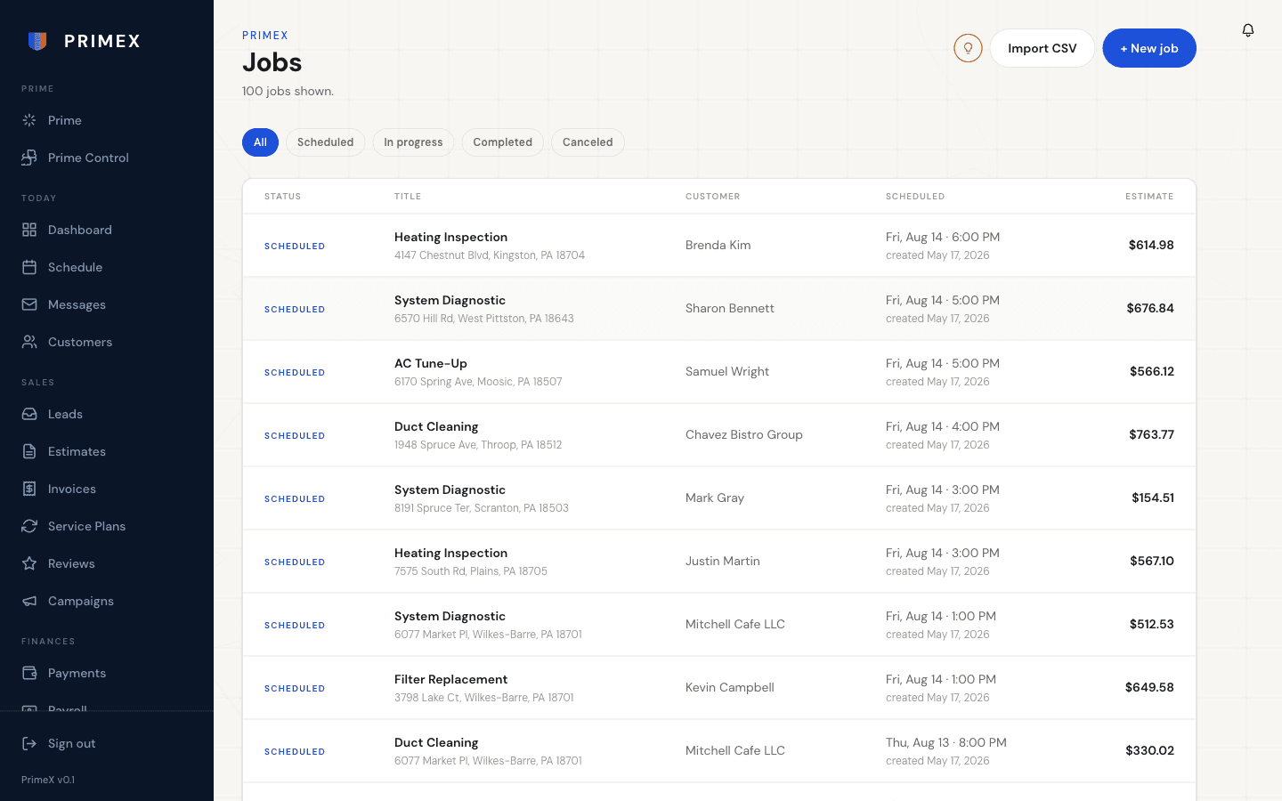 PrimeX jobs floor — built for solo operators